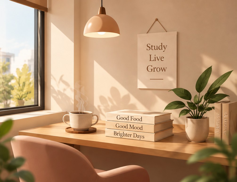 Study desk in a resident's room at The Jugglers Nest girls PG in Bhopal