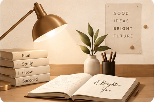 Study desk with books at The Jugglers Nest girls PG in Bhopal