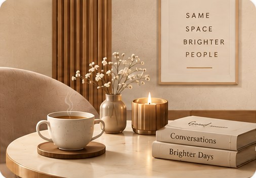 Common area coffee table at The Jugglers Nest girls PG in Bhopal
